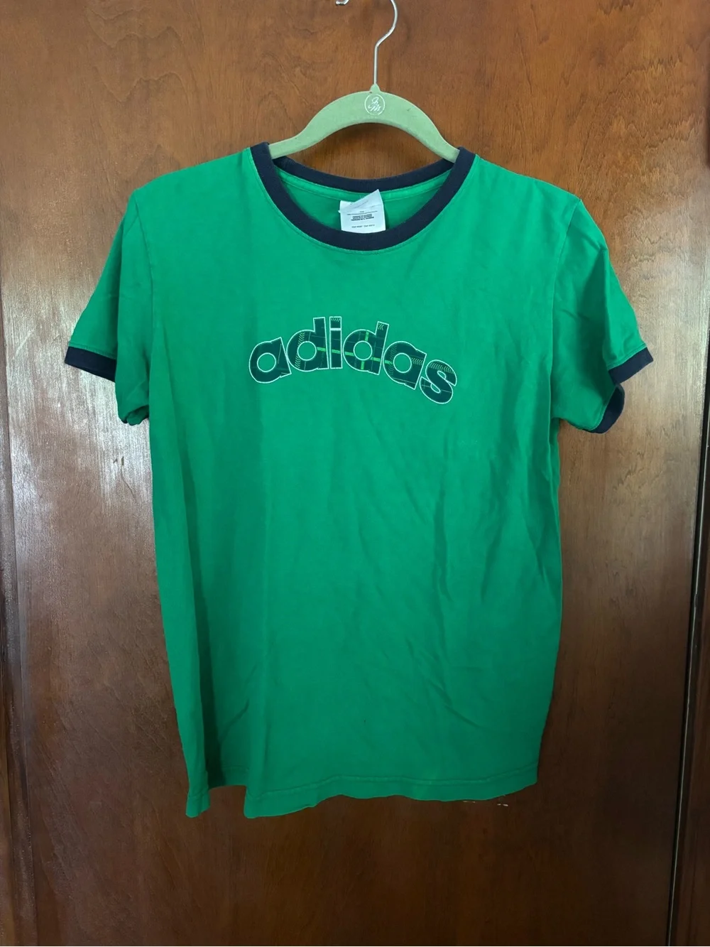 Vintage adidas Green Ringer Tee with Navy Trim size M